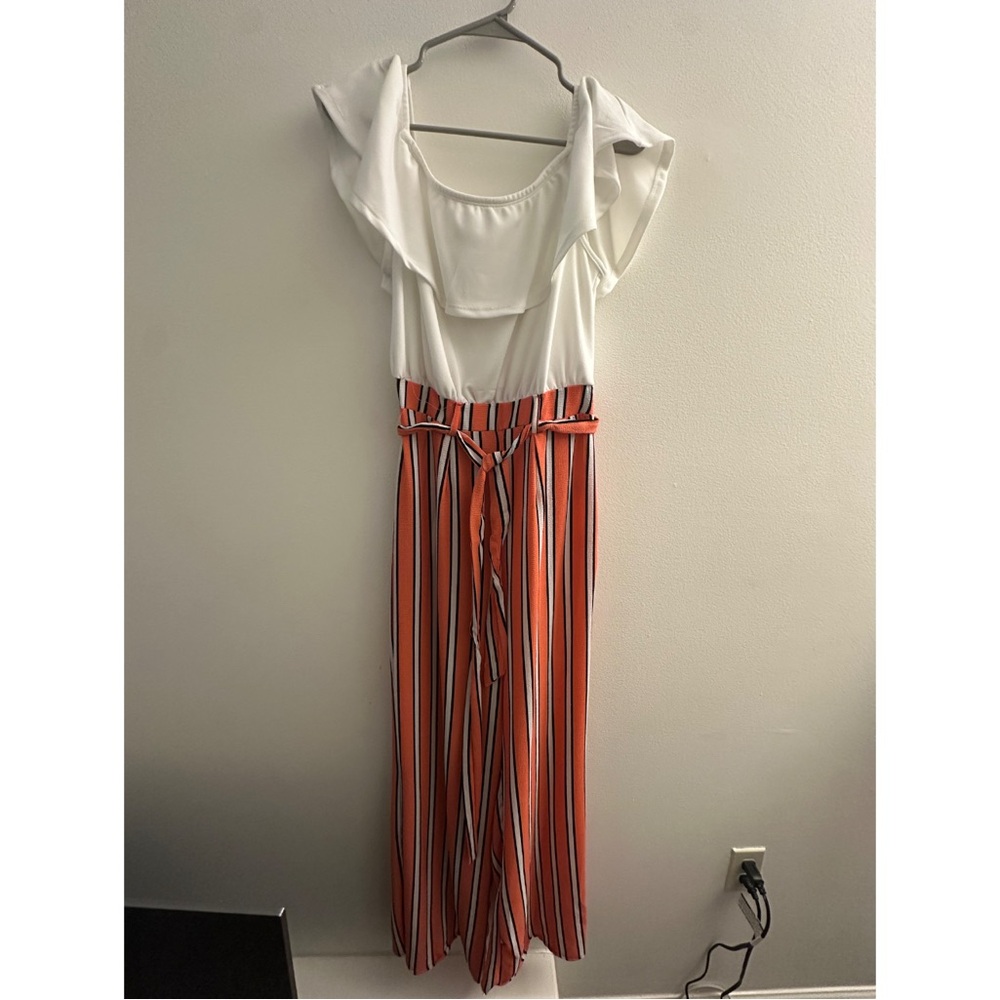 Blue Rain Ruffled White and Red Jumpsuit